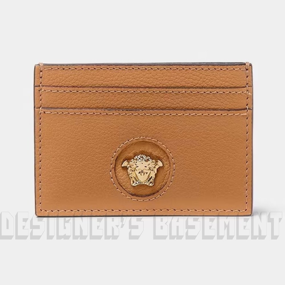 VERSACE beige gold La MEDUSA gold Logo embossed Leather Card Case holder wallet